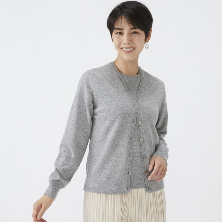 日本製 カシミヤ100% レディース Vカーディガン ライトグレー 90805