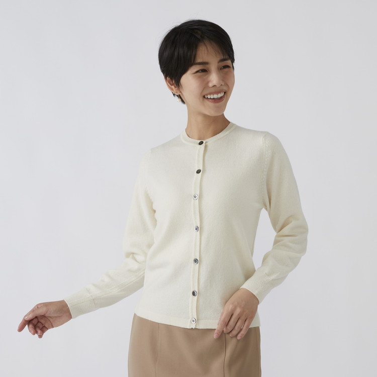 日本製 カシミヤ100% レディース クルーカーディガン オフホワイト