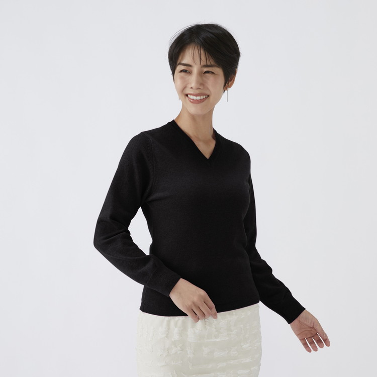 日本製 カシミヤ100% レディース Vネック ブラック S～Lサイズ
