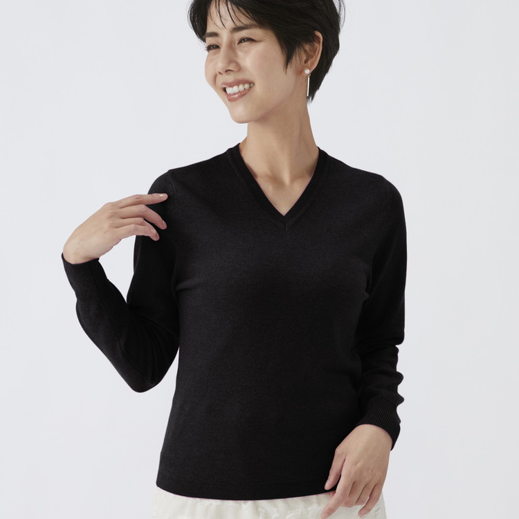 日本製 カシミヤ100% レディース Vネック ブラック S～Lサイズ