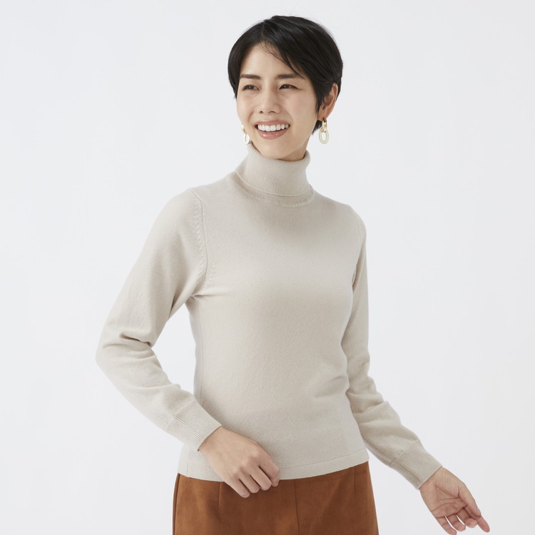 日本製 カシミヤ100% レディース タートルネック ライトベージュ S～Lサイズ
