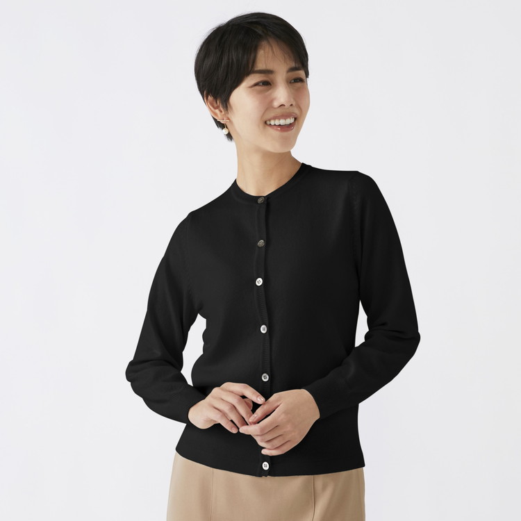 日本製 カシミヤ100% レディース クルーカーディガン ブラック S～Lサイズ