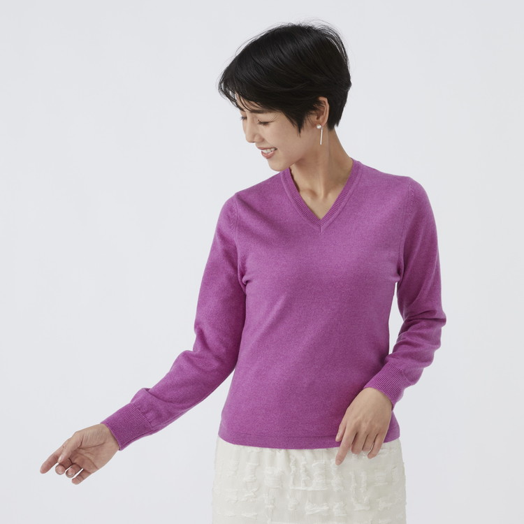 日本製 カシミヤ100% レディース Vネック パープル