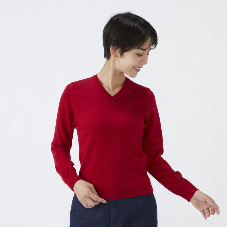 日本製 カシミヤ100% レディース Vネック レッド
