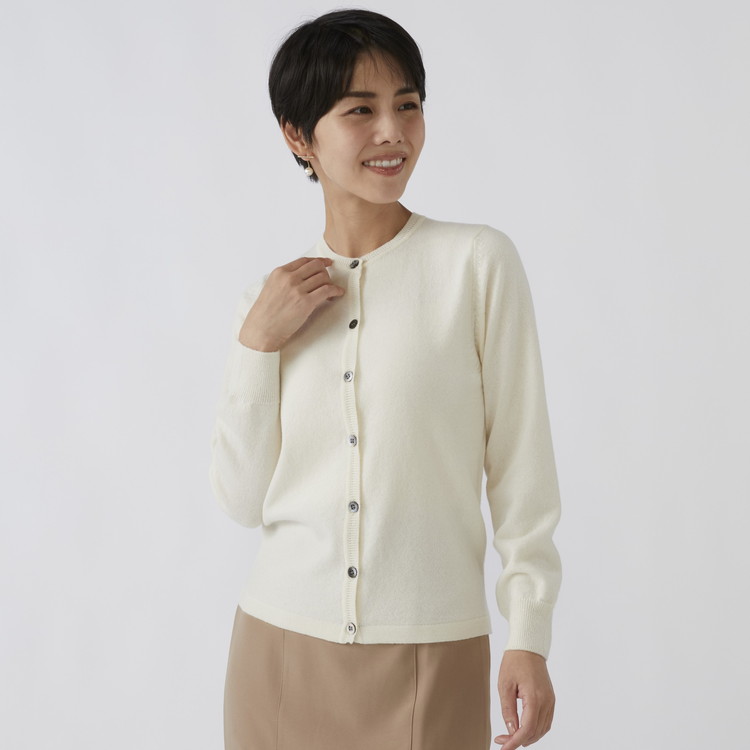 日本製 カシミヤ100% レディース クルーカーディガン オフホワイト