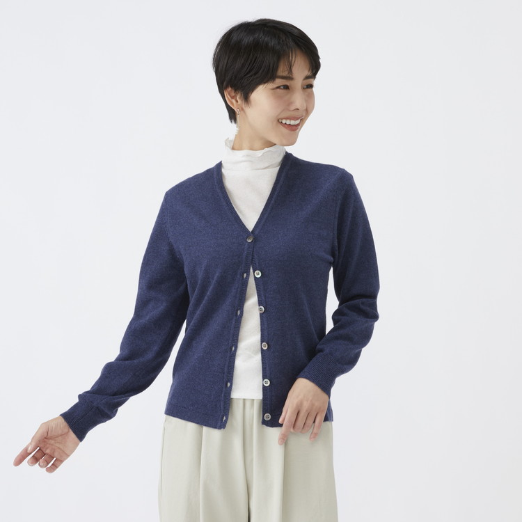 日本製 カシミヤ100% レディース Vカーディガン インディコブルー 90805