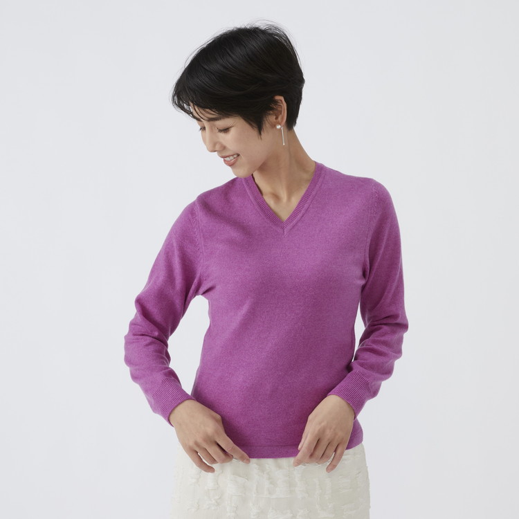日本製 カシミヤ100% レディース Vネック パープル