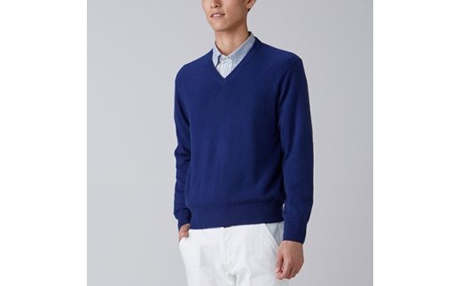 日本製 カシミヤ100% Vセーター ブルー Sサイズ [2601]