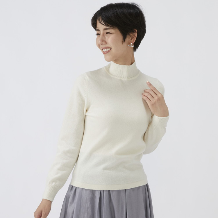 日本製 カシミヤ100% レディース ハイネックセーター オフホワイト S～Lサイズ