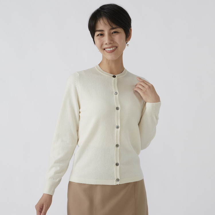 日本製 カシミヤ100% レディース クルーカーディガン オフホワイト