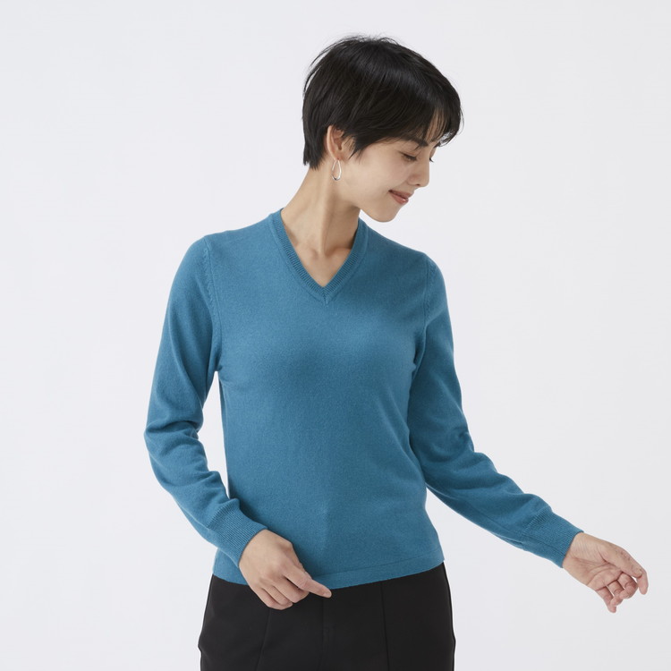 日本製 カシミヤ100% レディース Vネック ブルーグリーン
