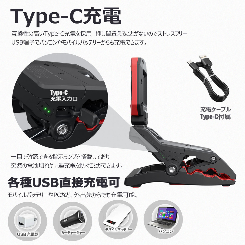 クリップ型 充電式LEDライト 角度調整自由 強力マグネット付 1600LM CrocoCLipLight 挟むライト YC-1600M　