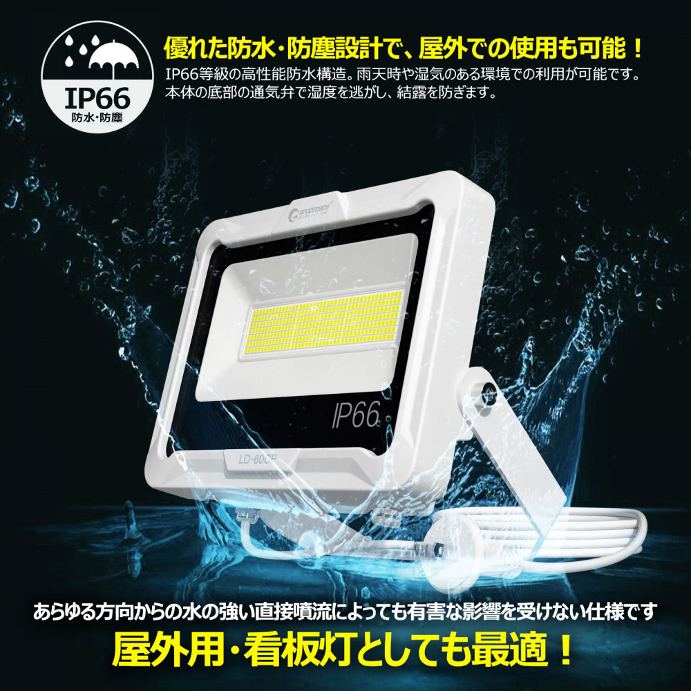LED投光器 60W 5ｍコード コンセント付き 10200LM ホワイト 昼白色 通気弁付き LD-60CP