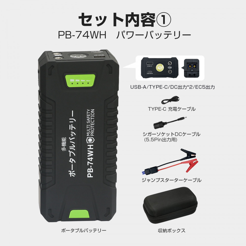 パワフル発電＆蓄電 4点SET 多機能ポータブルバッテリー 折り畳み式ソーラーパネル マグネット付充電式ライト 持ち運び用収納バック CB-B4W74WH05X03W