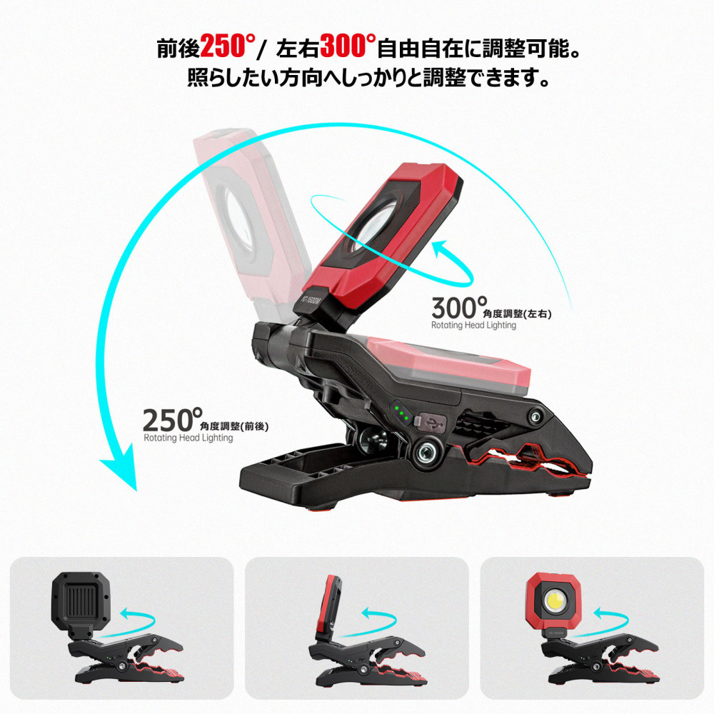 クリップ型 充電式LEDライト 角度調整自由 強力マグネット付 1600LM CrocoCLipLight 挟むライト YC-1600M　