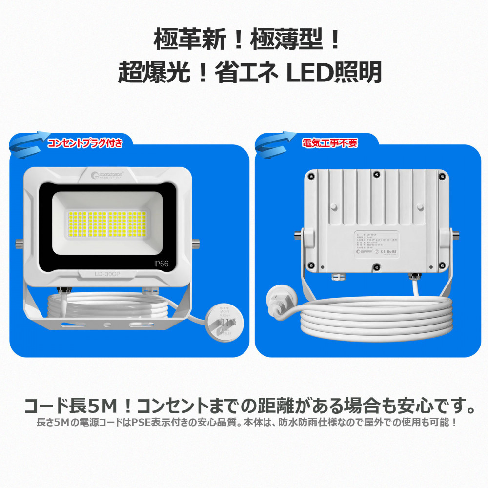 LED投光器 30W スタンドライト 5ｍ コンセント付き 4500LM プラグ付5mコ-ド 通気弁付き LD-30CP