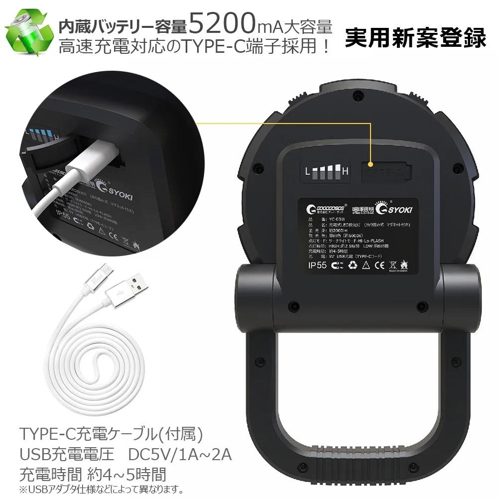 充電式LED 20W マグネット内蔵で冷蔵庫に固定できる 投光器 20W 超軽量 小型 軽量 充電式 作業灯 防災 TYPE-C 停電対策 DIY ワークライト LEDライト アウトドア レジャー 防災 釣り コンパクトYC-03W