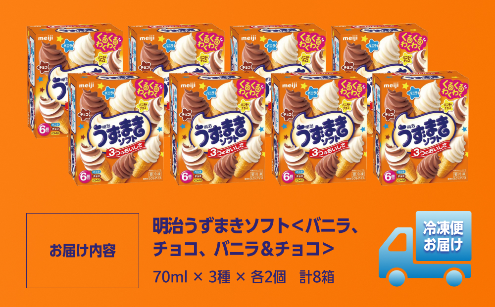 明治うずまきソフト＜バニラ、チョコ、バニラ＆チョコ＞ 70ml × 3種 × 各2個　計8箱