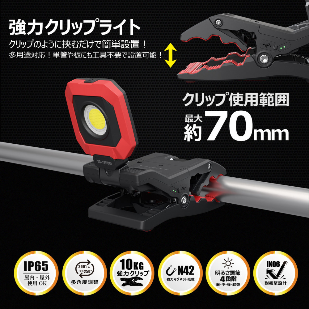 クリップ型 充電式LEDライト 角度調整自由 強力マグネット付 1600LM CrocoCLipLight 挟むライト YC-1600M　