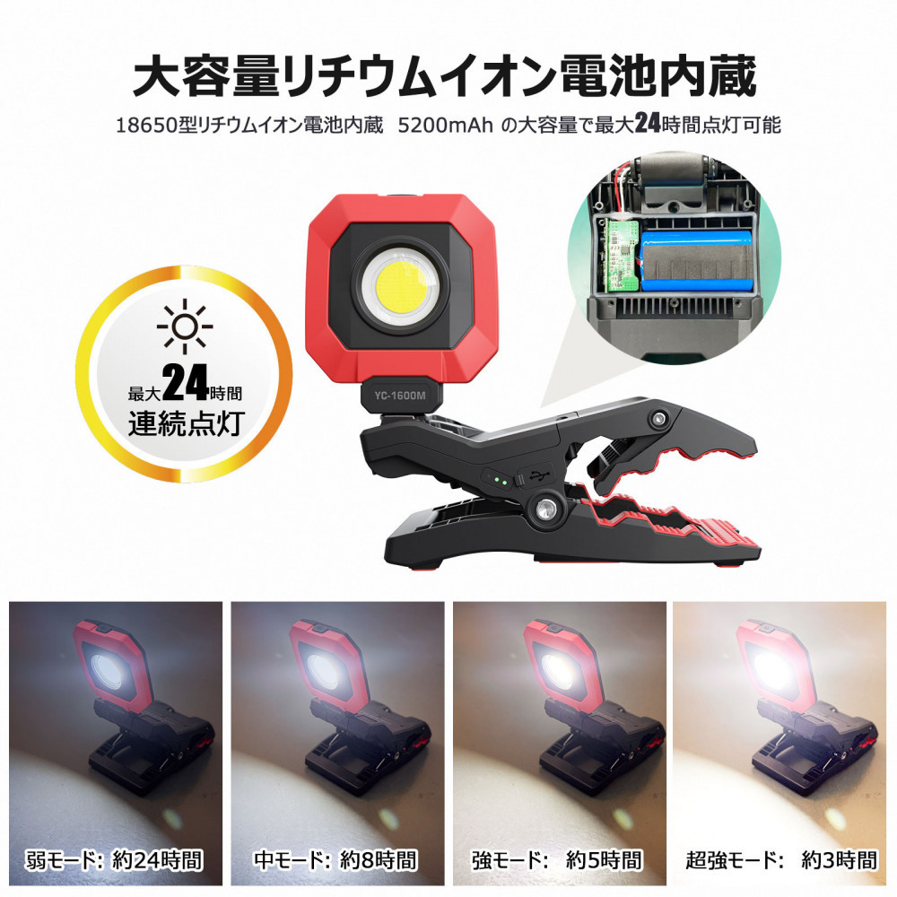 クリップ型 充電式LEDライト 角度調整自由 強力マグネット付 1600LM CrocoCLipLight 挟むライト YC-1600M　