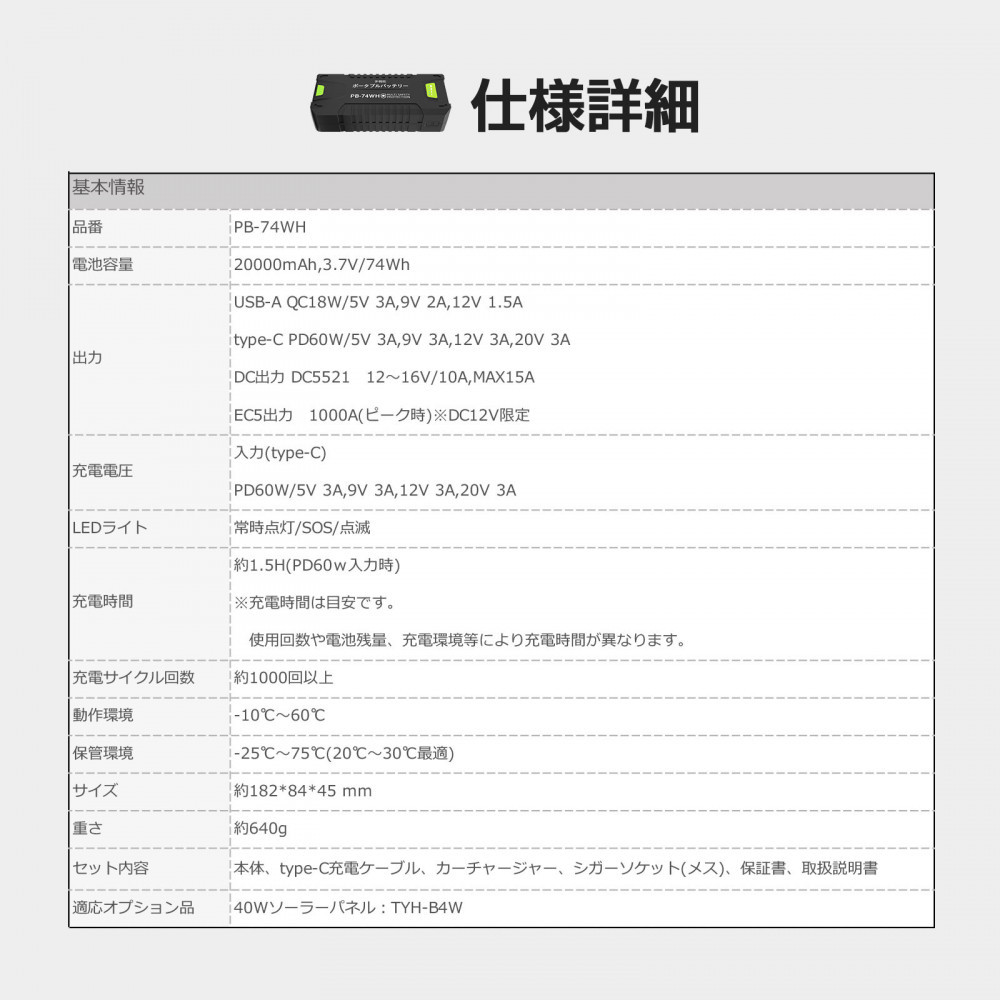 リチウムポリマーバッテリー ソーラーパネル セット 持ち運べるソーラーパネル ハイパワーバッテリー CB-74WHB4W