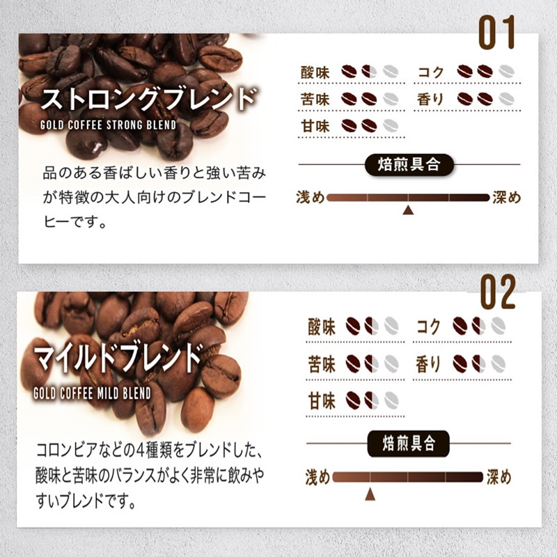 [どちらが好み？] ブレンドコーヒー2種 (粉) 計1kg (500g×2袋) 約100杯分《ゴールド珈琲》｜マイルドブレンド ストロングブレンド ブラジル コロンビア 南米産 自家焙煎 コーヒー鑑定士 大阪府 守口市 [2257]