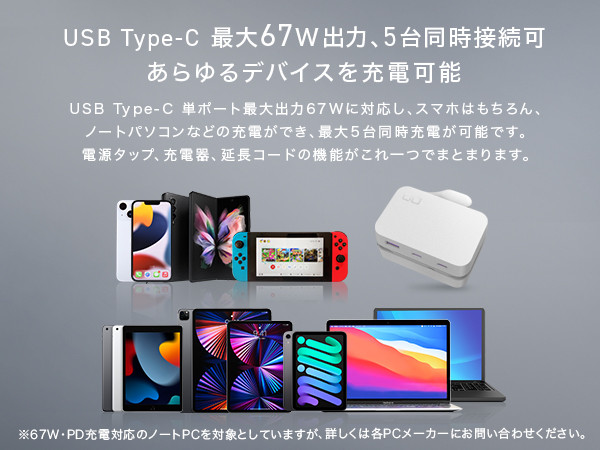 CIO 電源タップ (ケーブル＆収納付き)＋USB充電器 Polaris CUBE Built in CABLE ホワイト｜スマホ ノートPC タイプC iPhone Android Macbook iPad Galaxy 持ち運び 旅行 ガジェット 同時充電 [2198]