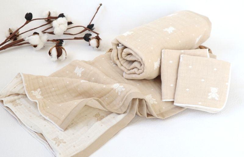 【babybear】多重ガーゼ  miniバスタオルタオル＆ハンカチ 4枚セット（ベージュ）