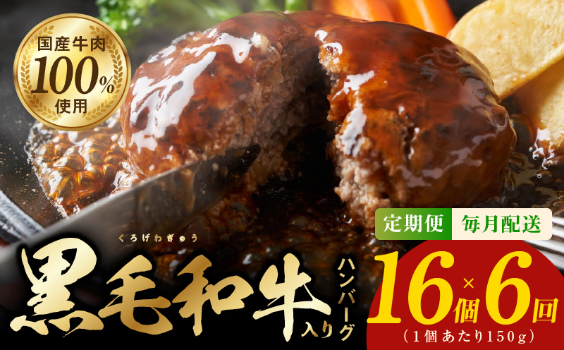 黒毛和牛入り 国産牛肉100％ ハンバーグ 定期便 16個×全6回 150gサイズ【毎月配送コース】 G976