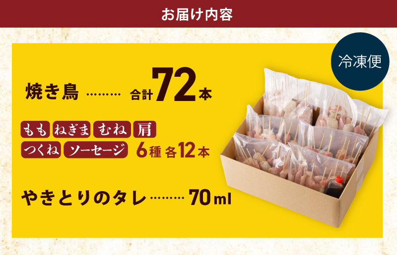 焼き鳥 6種72本セット 総量1.98kg やきとりのタレ付き 個包装 G463