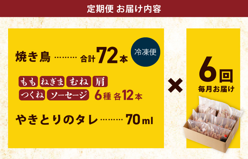 焼き鳥 定期便 6種72本×全6回 やきとりのタレ付き 個包装 お楽しみ【毎月配送コース】 G980