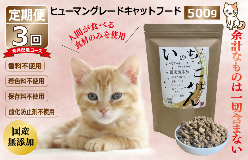 【定期便】国産 無添加 キャットフード「いのちのごはん」500g×全3回【毎月配送コース】 099Z170