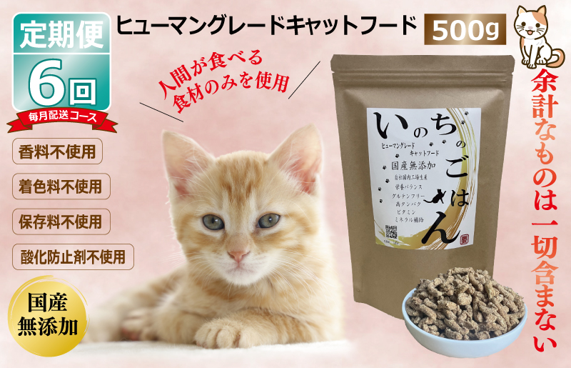 【定期便】国産 無添加 キャットフード「いのちのごはん」500g×全6回【毎月配送コース】 099Z176