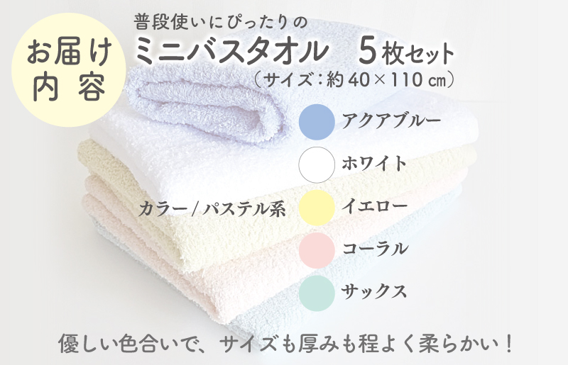 泉州タオル「普段使いにぴったりのミニバスタオル」５枚セット（パステル系）【泉州タオル 国産 吸水 普段使い 無地 シンプル 日用品 家族 ファミリー】