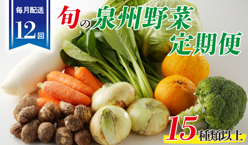 泉州野菜 定期便 15種類以上×全12回【毎月配送 国産 野菜 やさい 詰め合わせ セット 新鮮 旬 冷蔵発送 ええもん ていきびん】 099Z189