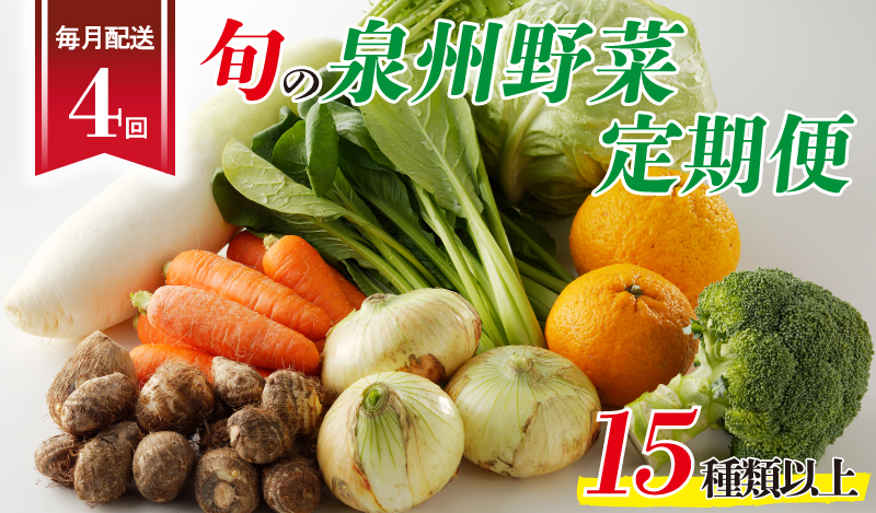 泉州野菜 定期便 15種類以上×全4回【毎月配送 国産 野菜 やさい 詰め合わせ セット 新鮮 旬 冷蔵発送 ええもん ていきびん】 099Z190