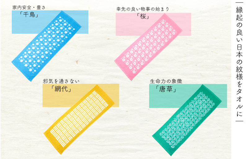 日本の伝統柄 フェイスタオル 4枚セット 泉州タオル