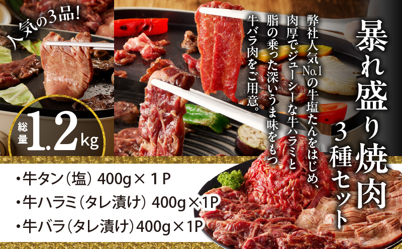 暴れ盛り 焼肉 3種セット 総量 1.2kg （牛タン／牛ハラミ／バラ） 099H2875