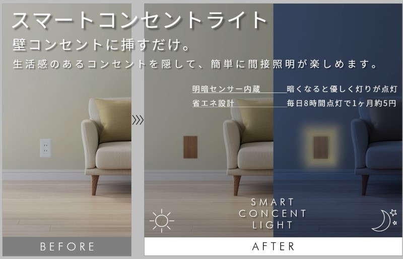 インテリアに調和するコンセントライト（ウォールナット）