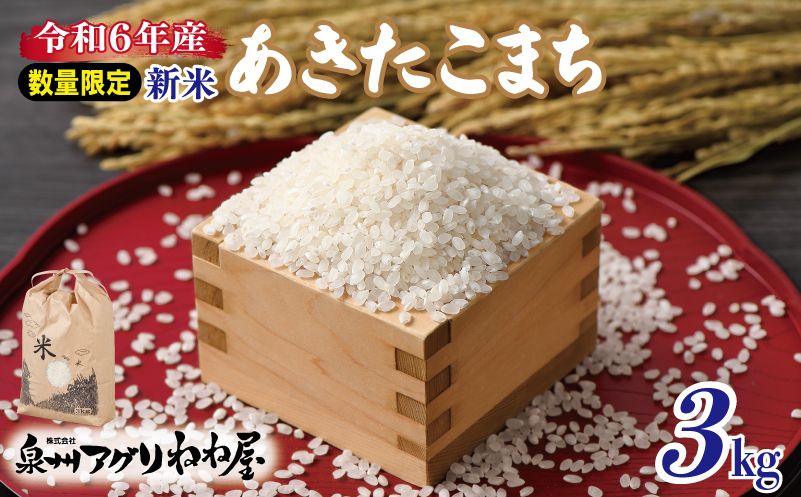 【数量限定】令和6年産 ねね屋の新米 『あきたこまち』 3kg 泉佐野産 白米 お米 099H3020