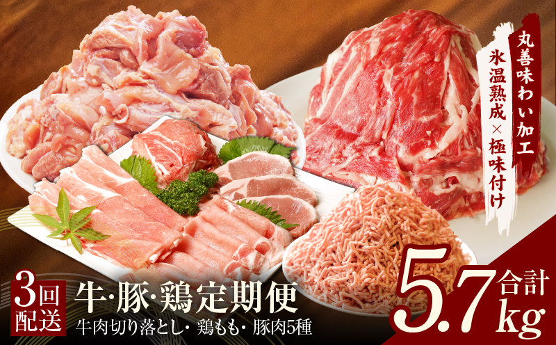 牛・豚・鶏 定期便 7種 総量5.7kg（牛肉切り落とし／カット済み 鶏もも／豚肉5種 食べ比べ）全3回 丸善味わい加工【毎月発送コース】 099Z243