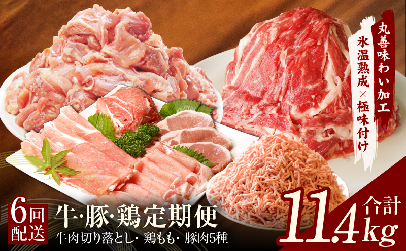 牛・豚・鶏 定期便 7種 総量11.4kg（牛肉切り落とし／カット済み 鶏もも／豚肉5種 食べ比べ）全6回 丸善味わい加工【毎月発送コース】 099Z244