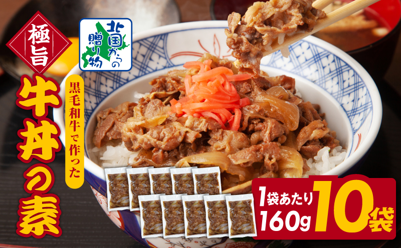 【黒毛和牛】極旨 牛丼の素 160g×10袋【小分け 時短 簡単便利 レンチン 夜食 つまみにもオススメ 北国からの贈り物】 G1336