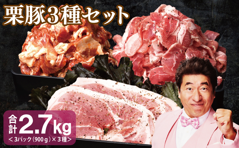 栗豚 3種セット 合計 2.7kg（ステーキ/切り落とし/生姜焼き用）【オリジナルスパイス仕込み 豚肉 小分け 盛り合わせ 食べ比べ 焼くだけ】 099H3120