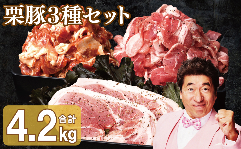 栗豚 3種セット 合計 4.2kg（ステーキ/切り落とし/生姜焼き用）【オリジナルスパイス仕込み 豚肉 小分け 盛り合わせ 食べ比べ 焼くだけ】 099H3143