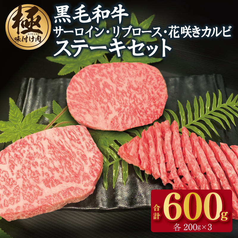 黒毛和牛 サーロイン/リブロース/花咲カルビ ステーキ 食べ比べセット 合計600g（200g×3種）【極味付け肉】 CFX0020