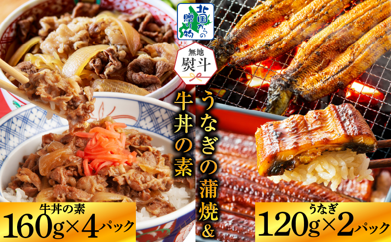 【無地熨斗】五郎藤 国産 関西風 地焼き 有頭旨鰻 120g×2尾 ＆ 黒毛和牛 牛丼の素 160g×4P【食べ比べ 人気 惣菜 北国からの贈り物 厳選 冷凍 数量限定】 G1558-1