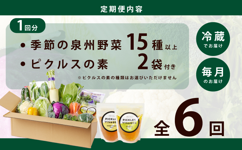 旬の新鮮 野菜セット（15種以上）定期便 全6回 おまかせ ピクルスの素付き ファミリー向け いずみピクルス NSW【毎月配送コース 大阪 泉佐野 大阪府 泉佐野市】