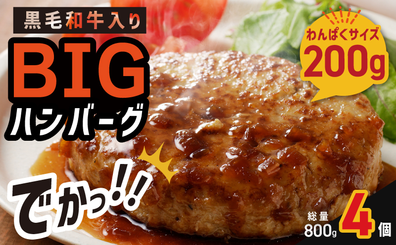 【特別規格】黒毛和牛入り BIGハンバーグ 200g×4個 お試し 005A662