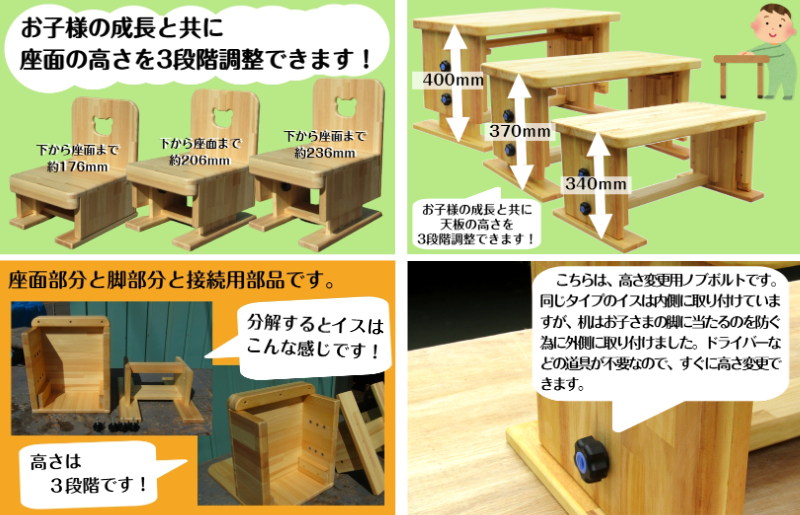 手作り木製 幼児用 机・いすセット（3段階高さ変更可能）